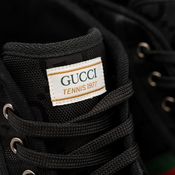 size 13G 13.5 US Gucci Tennis High Black Canvas Jumbo GG Sneakers Web - Picture 8 of 12